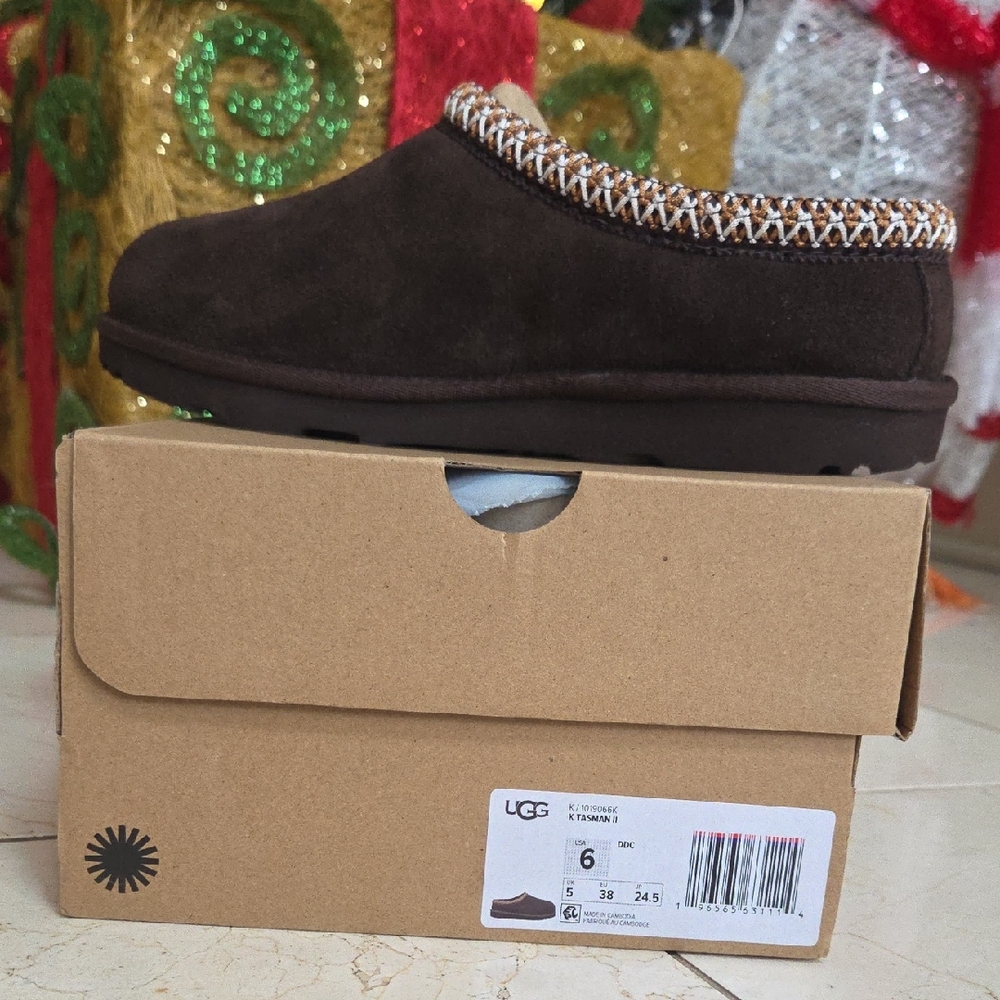 UGG TASMAN Dark Brown Slippers with Patterned Trim